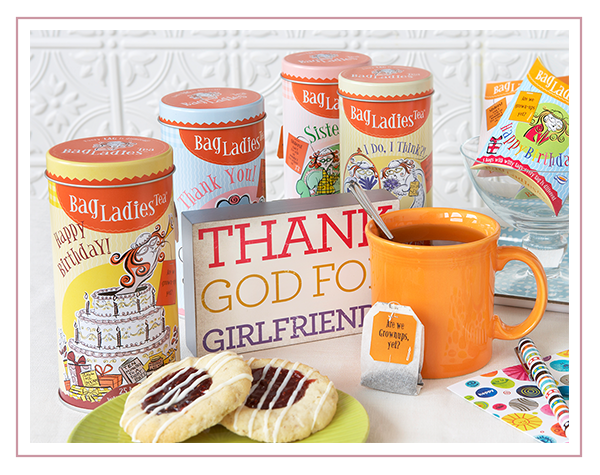 Afternoon snack with cookies, a steeping cup of tea with Whimsical tea bag and 4 specialty Bag Ladies Tea Gift Tea Tins for birthday, thank you, sisters, and girlfriends..